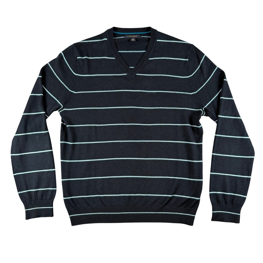 Banana Republic Sweater Mens M Black Blue Striped V-Neck Silk Cashmere Knit